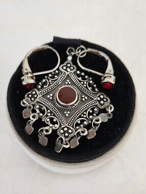 Vintage 90s Silver Garnet Pendant & Earrings